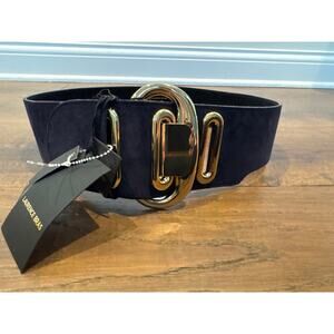 LAURENCE BRAS Coppola Leather Suede Statement Belt Gold Navy Blue Women Sz 85